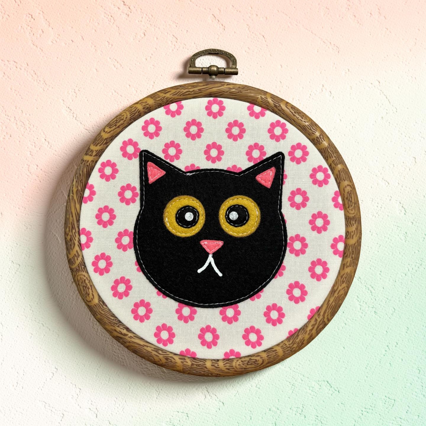 Floral Black Cat Hoop Wall Hanging
