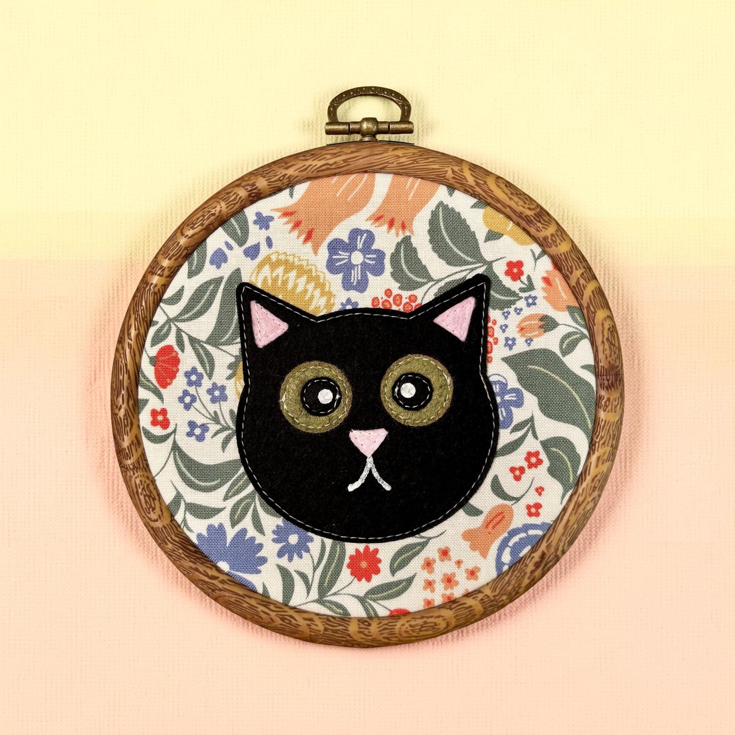 Floral Black Cat Hoop Wall Hanging
