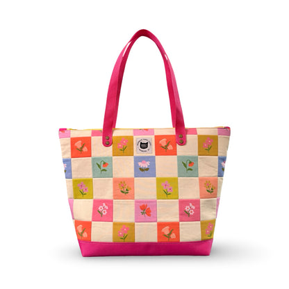 Floral Checkered Quilted Tote