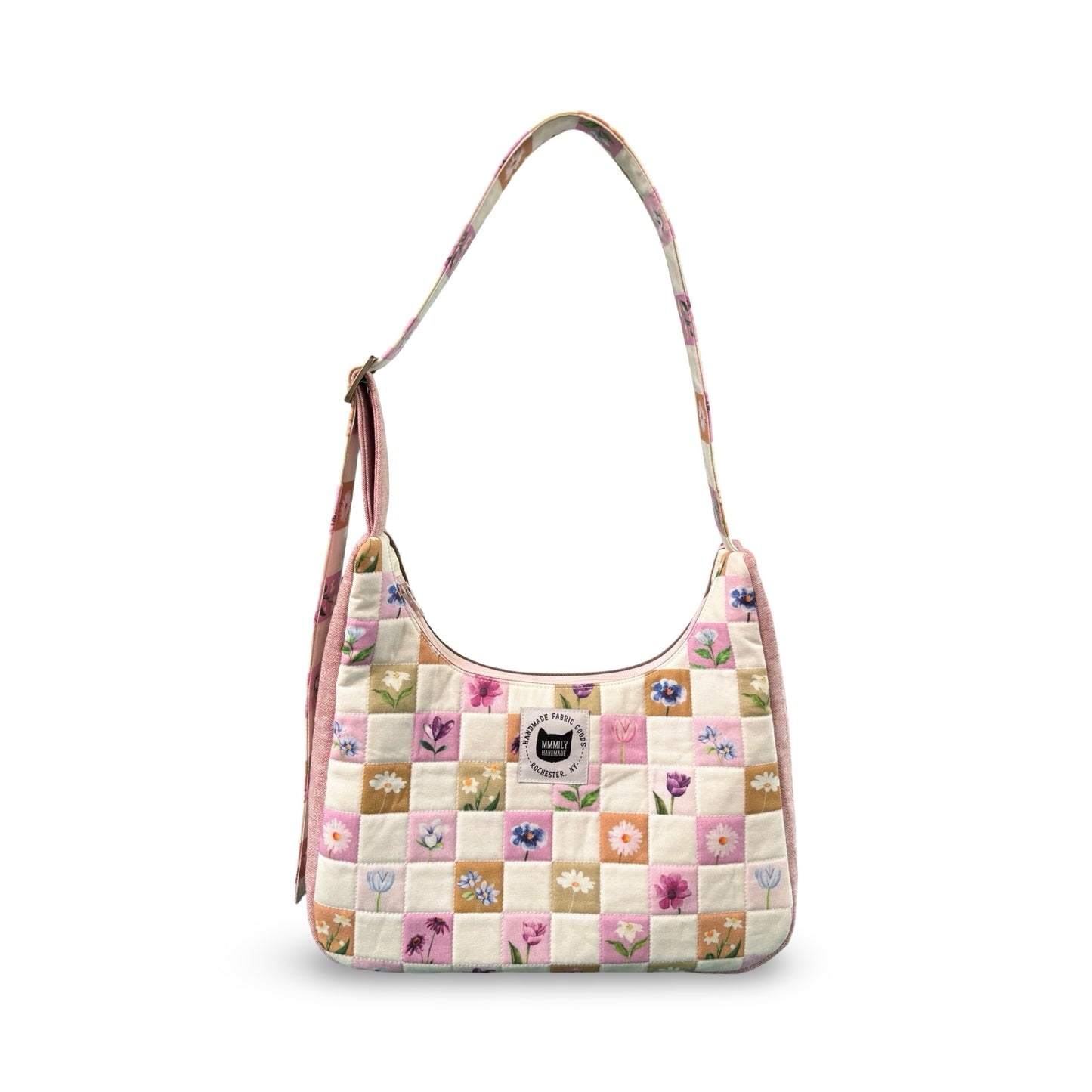 Checkered Flowers Crescent Bag