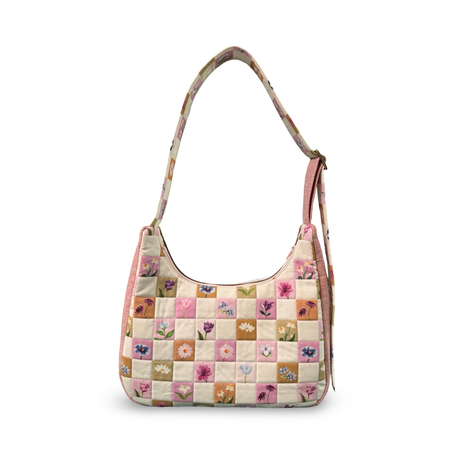 Checkered Flowers Crescent Bag