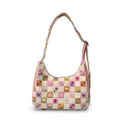 Checkered Flowers Crescent Bag