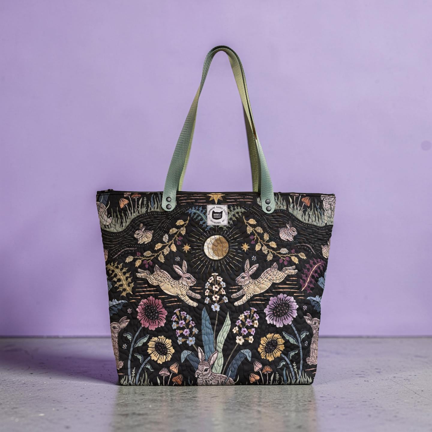 Sacred Woodland Rabbits Quilted Tote
