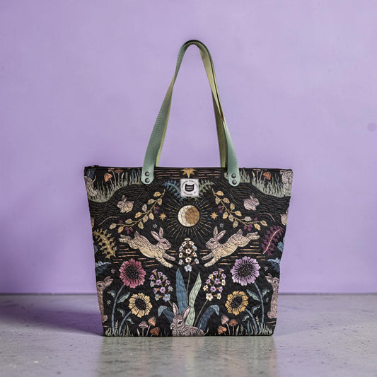 Sacred Woodland Rabbits Quilted Tote