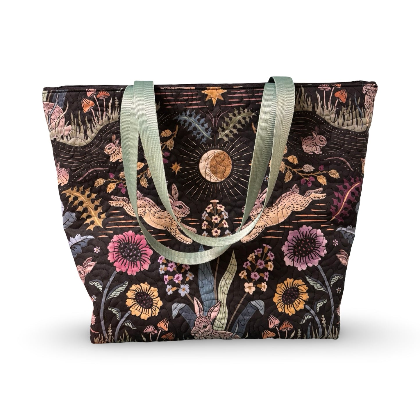 Sacred Woodland Rabbits Quilted Tote