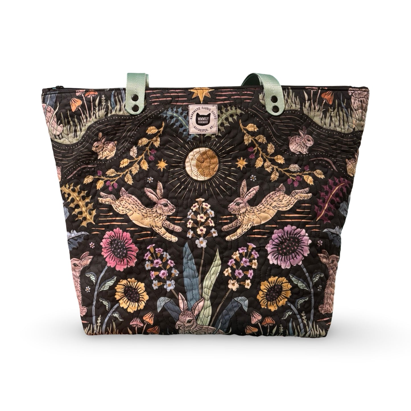 Sacred Woodland Rabbits Quilted Tote
