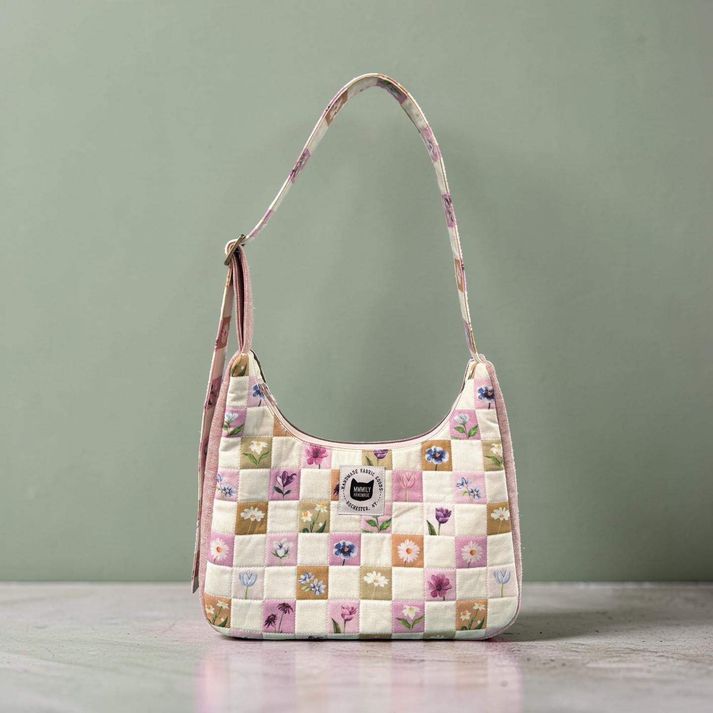 Checkered Flowers Crescent Bag