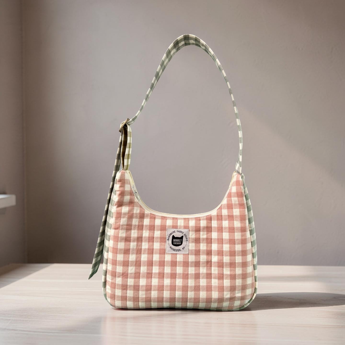Color-block Gingham Crescent Bag