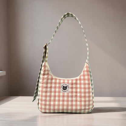 Color-block Gingham Crescent Bag