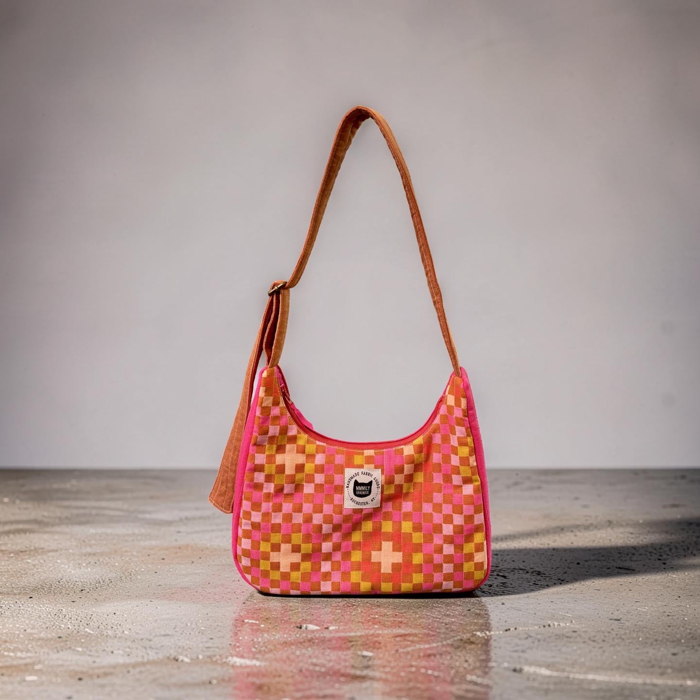 Pink Checkered Crescent Bag