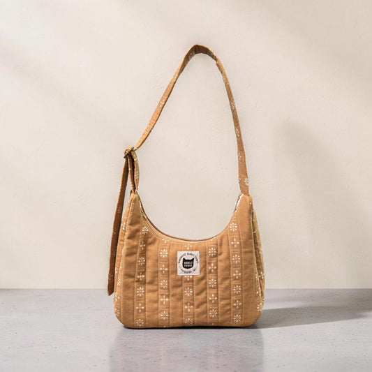 Tan Floral Crescent Bag