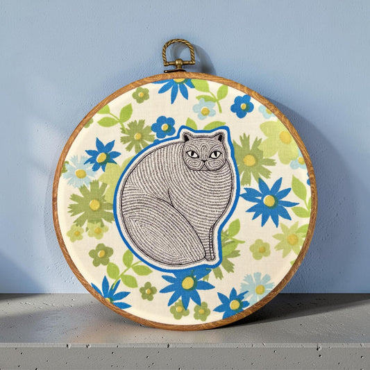 "Vintage Floral Cat"  Hoop Wall Hanging