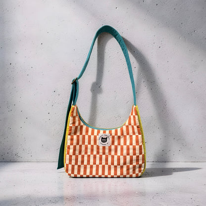 Color-Block Checkered Crescent Bag