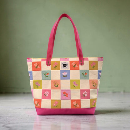 Floral Checkered Quilted Tote